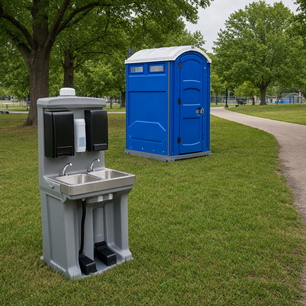 handwash station beside a porta-potty bank at a community park