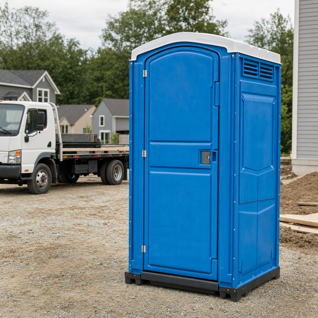 Delivery driver positioning a clean royal-blue portable toilet on level ground at a Fayetteville worksite