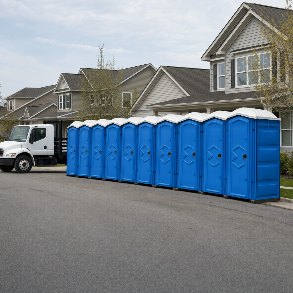 Royal blue portable toilets staged in a tidy row at a Fayetteville jobsite, ready for delivery