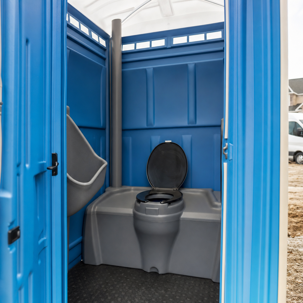 Clean standard portable toilet interior showing seat, tank and vent in natural light